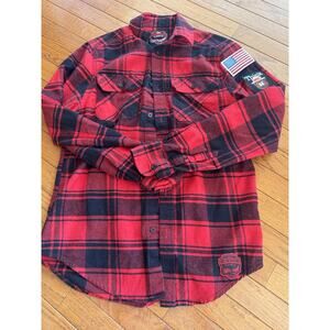 Angry Minnow Flannel Co Shirt Smokey Bear Patches Mens Size SmalL (BL100THRIFTY
